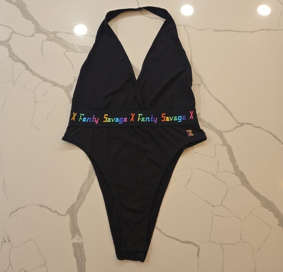 Savage x Fenty Missy Forever Rainbow Logo Halter Bodysuit Black Size Medium - Picture 4 of 7